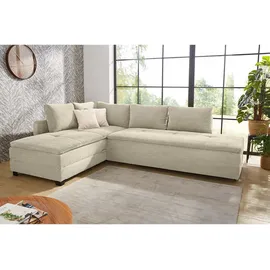 luma-home Ecksofa-Dauerschläfer, Doppelbett 306/223/95 cm Boxspring Federkern Ecksofa 306x223 Dauerschläfer, Bettkasten, Nachtkonsole, Schwenkteil beidseitig montierbar, Cord Beige Grau / 15161