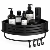 Duschablage Ohne Bohren, Duschregal Ecke Badezimmer Regal Wand Duschkorb mit Handtuchhalter Eckregal Bad Ablage Dusche Alu Regal Duschkorb Ohne Bohren (1, Schwarz)