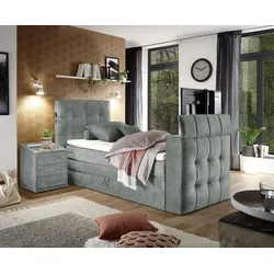 Boxspringbett "Richmond", grau, B:134cm L:243cm, SET ONE BY MUSTERRING, Komplettbetten, Boxspringbett, versenkbarer TV- Halterung mit Fernbedienung