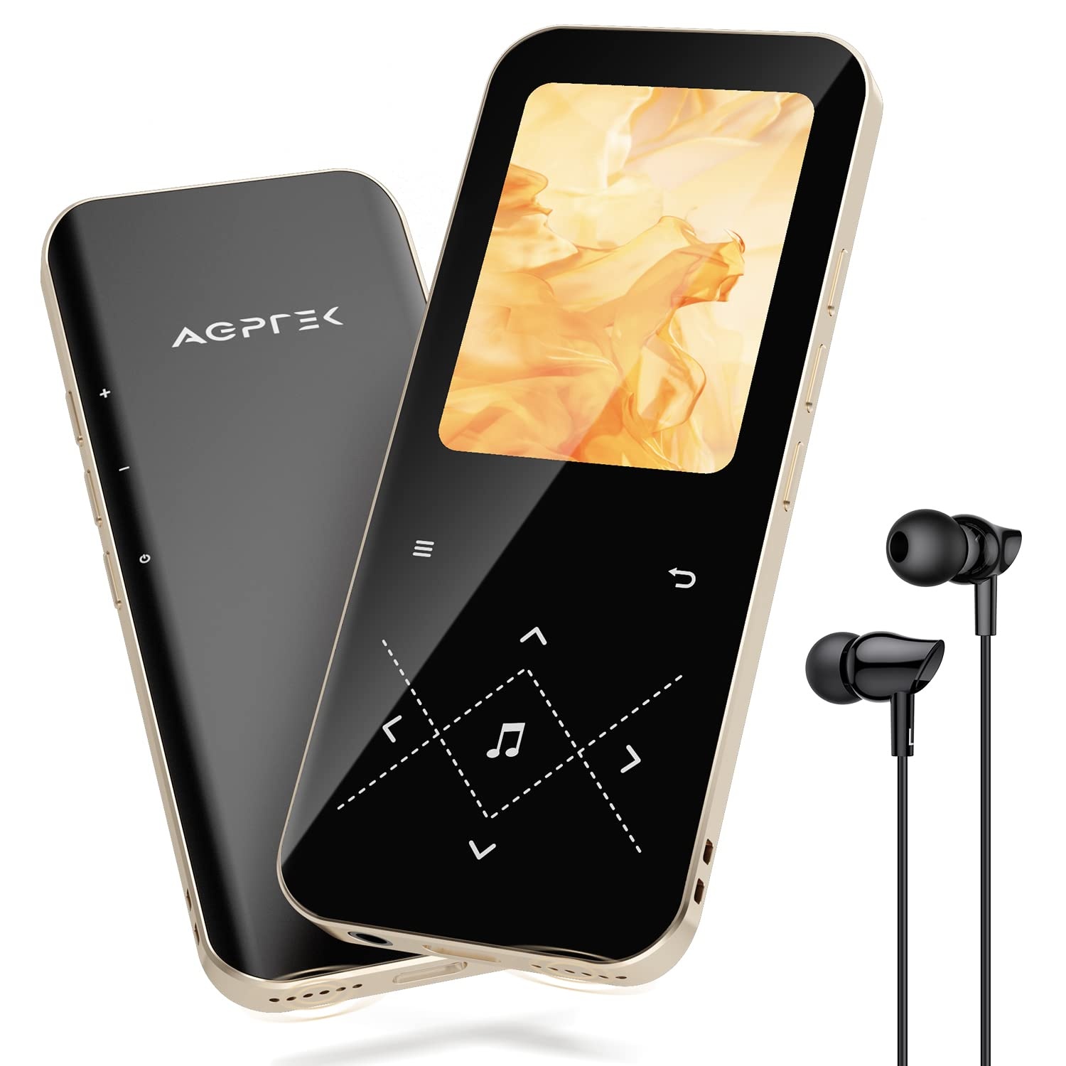 AGPTEK MP3 Player Bluetooth 5.3, 32GB HiFi Sound Musikplayer mit 2,4 Zoll TFT Farbbildschirm, Kopfhörer, Lautsprecher, Touch-Tasten, FM-Radio, E-Book, Aufnahme, Unterstüzt TF-128GB, Schwarzgold