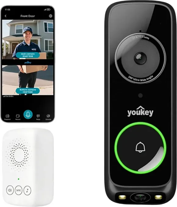 UNIVIEW Youkey DB322 Kabelgebundene Video-Türklingel mit Dual-Kamera, inkl. elektronischer Türglocke, 2K-Farbnachtsicht, 2,4/5 GHz Wi‐Fi 6, Paketschutz, Paket-/Personen-/Bewegungserkennung, Zwei-Wege-Kommunikation, Integriertes 8 GB eMMC, Keine Monatlichen Gebühren