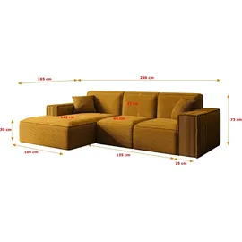 altdecor Ecksofa in L-Form Corner Sofa Bett Eckcouch Couch Wohnlandschaft Cauchsofa Serra-L - 266x165x73 cm Senfgelb