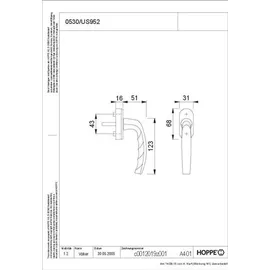 HOPPE DK-Fenstergriff Atlanta 0530/US952 mit ovaler Rosette VK7x32-42,F9 eloxiert