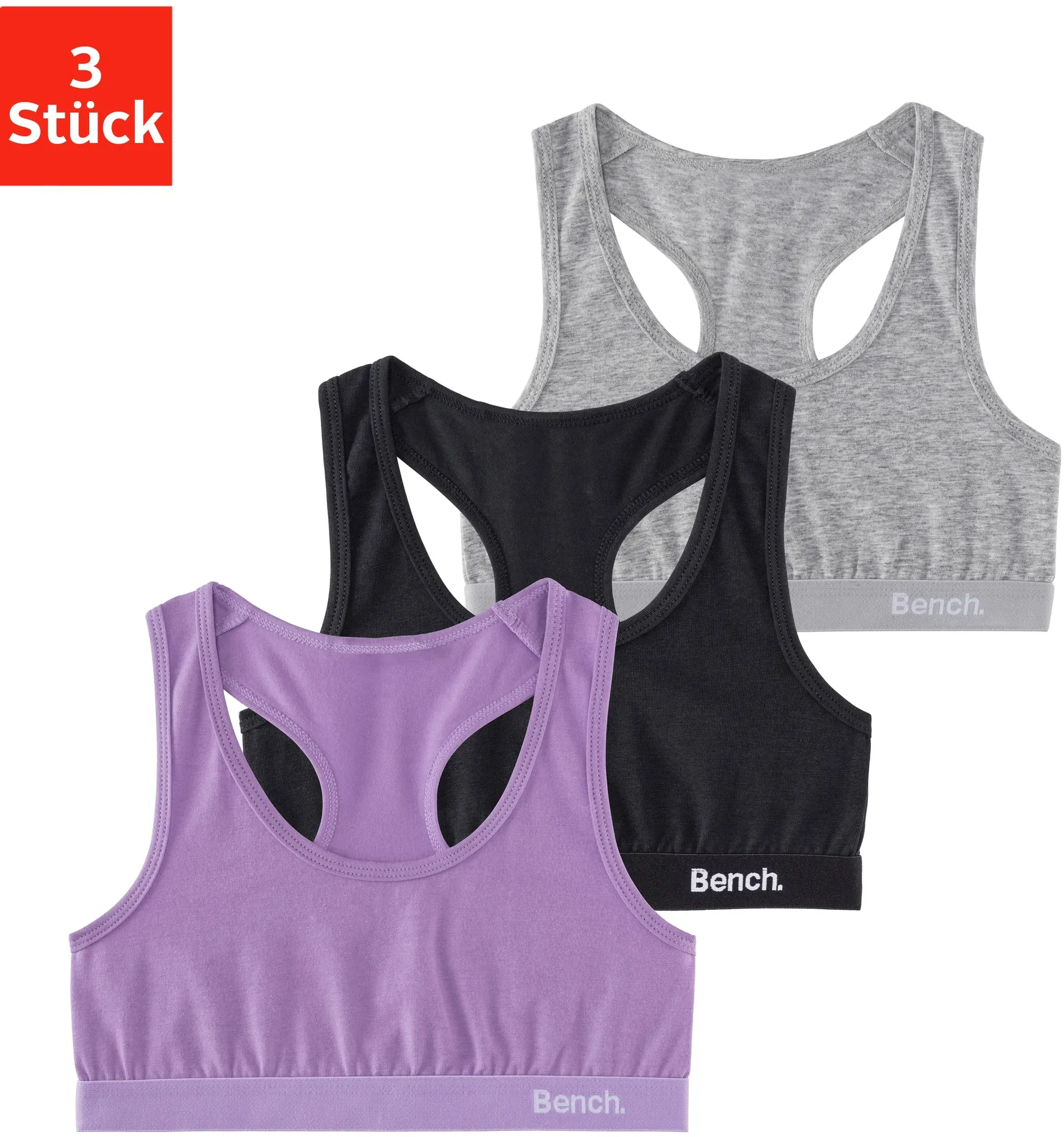 Bustier BENCH., Mädchen, Gr. 170/176, N-Gr, lila (lila, schwarz, grau), Jersey, Obermaterial: 92% Baumwolle, 8% Elasthan, unifarben, Basic, körpernah, BHs Bustier, im sportlichen Look mit Ringerrücken