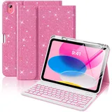 MoKo Hülle mit Tastatur für iPad A16 11 Generation 2025/10 Generation 2022(11/10.9 Zoll), iPad 10. Gen Hülle mit Pencil Halter und magnetisch Abnehmbarer Tastatur mit QWERTY, Glänzendes Rosa