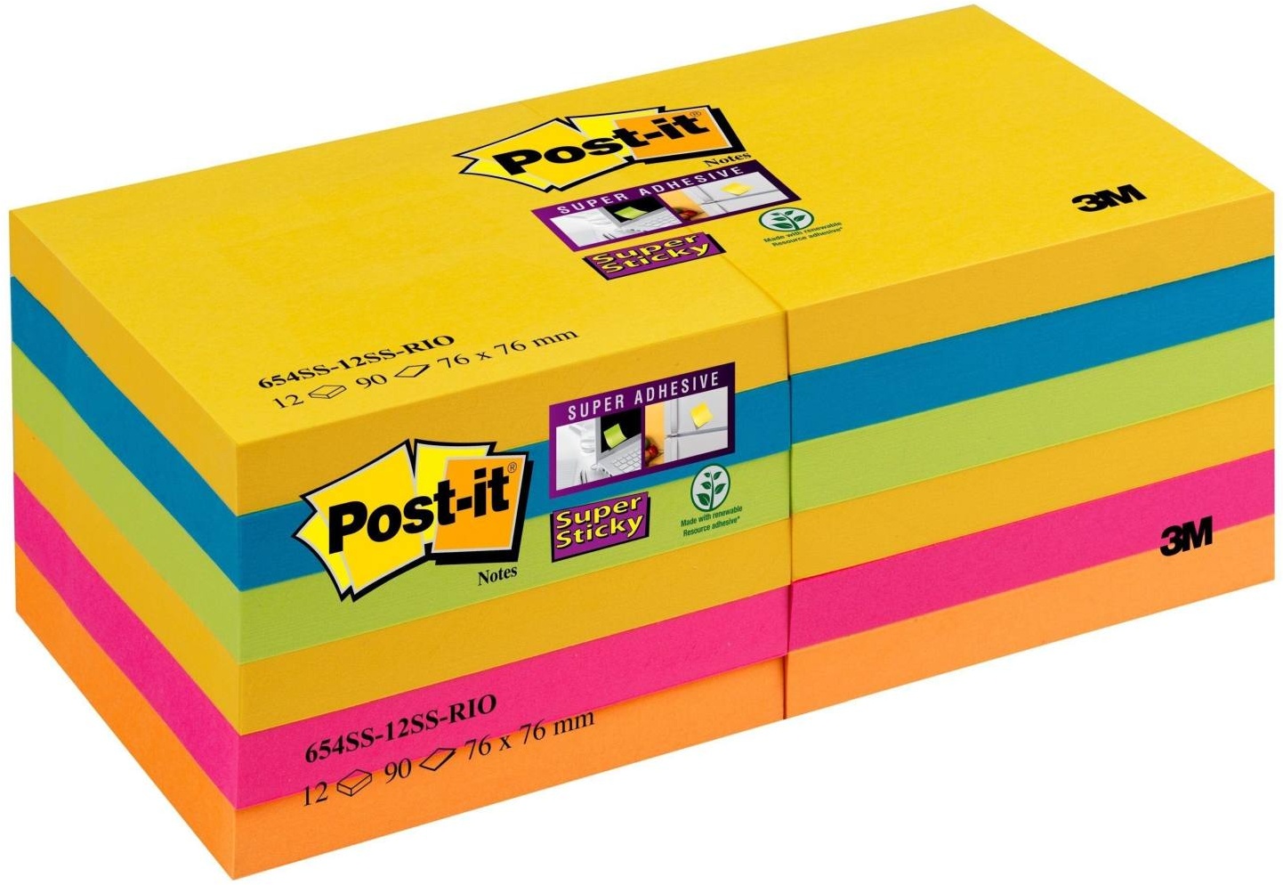 3M Post-it Super Sticky Notes 654-12SS-RIO 12 Blöcke á90 Blatt, Rio de Janeiero Collection, 4x ultragelb, 2x ultrablau, 2x ultrapink, 2x neongrün, 2x neonorange, 76 mm x 76 mm, PEFC zertifiziert