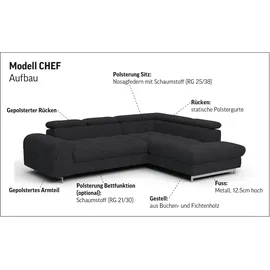 Cotta Ecksofa "Chef L-Form", grau (lava), B:257cm H:72cm T:206cm, Luxus-Microfaser (100% Polyester);Kunstleder Softlux;Leder Advantage (abgedecktes Spalt-Rindsleder), Rückseite mit schwarzem Spannstoff bezogen;NaturLEDER (echtes Rindsleder), Rückseite mit