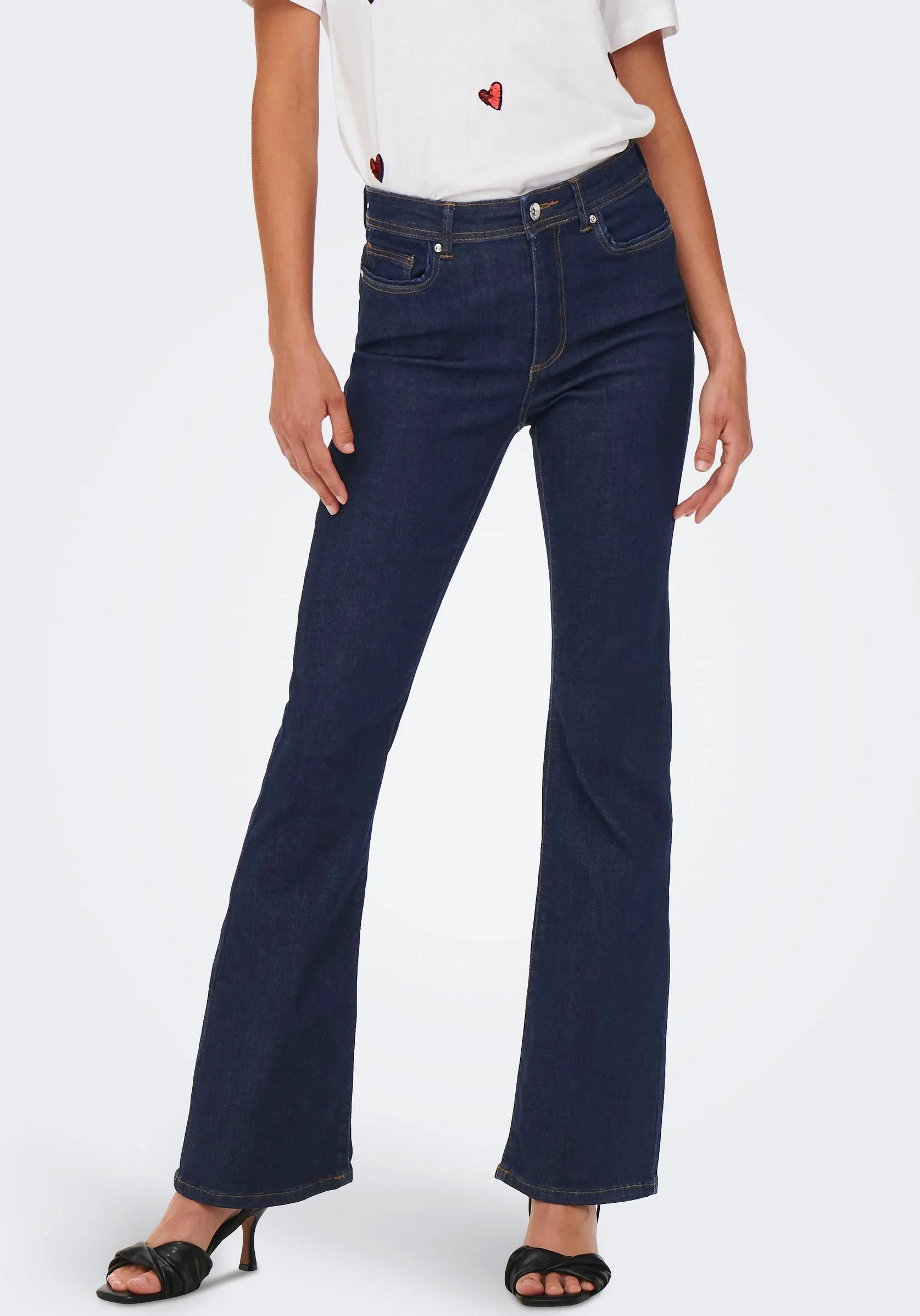 Bootcut-Jeans ONLY "ONLWAUW LIFE HW FLARED RINSE DNM" Gr. S (36), Länge 30, blau (dark blue denim) Damen Jeans Röhrenjeans mit Stretch