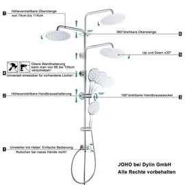 JOHO Edelstahl Duschset ohne Armatur, Chrom Duschsystem, Regendusche set, Überkopfbrause set, Duschgarnitur, Kopfbrause D20cm