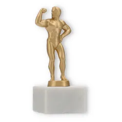 Pokal Metallfigur Bodybuilder goldmetallic auf weißem Marmorsockel 16,4cm