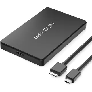 deleyCON USB-C Festplattengehäuse 2,5 Zoll - USB 3.1 Gen 1 Externes Festplatten Gehäuse für 2,5" (6,35 cm) SATA HDD Festplatte / SSD 7 mm & 9 mm - Werkzeugfreie Montage - Schwarz