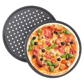 Relaxdays 10 x Pizzablech, rund, gelocht, antihaft, Pizza & Flammkuchen, Carbonstahl, Knusperblech, ∅ 32 cm, Pizzabackblech, grau