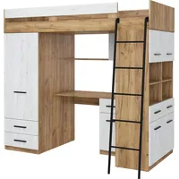 FurnitureByJDM Hochbett mit Schreibtisch, Schubladen, Kleiderschrank und Bücherregal - Level R - (CraftGold/CraftWeiß)