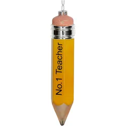 Christbaumschmuck 19cm Glas Bleistift Figur Handbemalt & mit Glitzer Weihnachtsbaum Anhänger Weihnachten Weihnachtsbaumschmuck Lehrer Stift Gelb