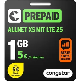 Congstar Prepaid ALLNET XS SIM-Karte ohne Vertrag –1 GB Datenvolumen & SMS Flat in alle dt. Netze, EU-Roaming inkl., ohne Vertrag.