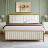 VECELO Bettgestell 140 x 200 cm, Metallbett Doppelbett mit Gepolstertem Kopf- und Fußteil, Bettrahmen mit Lattenrost, 32cm Höhe unter dem Bett, Kein Boxspring Erforderlich, Beige