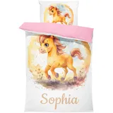 Pictogogo Süßes Pferd-Design Kleinkindbettwäsche für Mädchen und Jungen mit Namen, Personalisiert, Wählbare Baumwollunterfarbe (Weiß, Rosa, Blau, Grau), Oeko-TEX, 100 x 135 cm