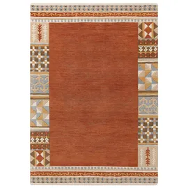 Theko Wollteppich THEKO "Nuno, reine Wolle, handgearbeitet, mit Bordüre" Teppiche Gr. B/L: 300 cm x 400 cm, 14 mm, 1 St., orange (terra) Schurwollteppiche