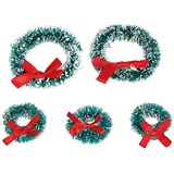 Rayher Weihnachtskränze Miniatur, beschneit, mit roter Schleife, 5 Mini-Tannenkränze, 2 Stück 5 cm ø + 3 Stück 3 cm ø, 46598282