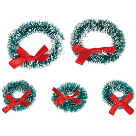 Rayher Weihnachtskränze Miniatur, beschneit, mit roter Schleife, 5 Mini-Tannenkränze, 2 Stück 5 cm ø + 3 Stück 3 cm ø, 46598282