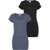 FLASHLIGHTS T-Shirt FLASHLIGHTS, Damen, Gr. 32/34 (XS), blau (rauchblau, schwarz), Feinripp, Obermaterial: 100% Baumwolle, unifarben, Basic, sehr figurbetont Po-bedeckend, Rundhals, Shirts T-Shirt, figurbetonter Schnitt, unifarben, Rundhalsausschnitt