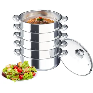 HOARLICN Dampfkocher, 5-Lagiger Mantowarka Induktion Dampfgarer 30cm Edelstahl Schongarer Dampfkocher Mit Glasabdeckung Für Alle Herdarten Geeignet