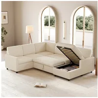 Flieks Ecksofa U-förmig ausziehbares Schlafsofa mit Schlaffunktion & Bettkasten, 220×274×85 cm, 6-Sitzer Sofa Eck-Schlafcouch mit Stauraum Cordstoff Beige beige