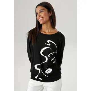 Fledermausshirt ANISTON SELECTED, Damen, Gr. 48, schwarz-weiß (schwarz, weiß), Single Jersey, Obermaterial: 95% Viskose, 5% Elasthan, bedruckt, modisch, lässig geschnitten hüftbedeckend, Rundhals, 3/4-Ärmel Fledermausärmel Bündchen, Shirts, mit abstraktem Gesichtsdruck