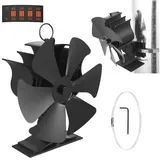 BlingBin Kaminventilator 2 in 1 Wärmebetriebener 6 Blätter Ofenventilator Ohne Strom, Leise Ventilator mit Thermometer für Holzbrenner oder Kamin schwarz