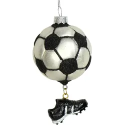 Christbaumschmuck Glas 11,8cm Fußball Figur Handbemalt & mit Glitzer Weihnachtsbaum Anhänger Weihnachten Weihnachtsbaumschmuck Sport Ball Schwarz Weiß