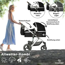 Bergsteiger Nizza 3 in 1 Kinderwagen, Kombikinderwagen Komplettset, Babywanne & Buggy Sportsitz inklusive, Auto-Babyschale & Isofix Station optional - Schwarz