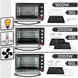 Jago® Minibackofen - mit Umluft, Innenbeleuchtung, Elektrisch, 30L, 5 Kochmodi, 1600W, Timer, 100 - 230 °, Doppelglastür, Schwarz - Mini Backofen - Schwarz