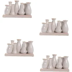 H&D Manufaktur Jinfa 4 Set aus 7 kleinen Vasen auf festem Sockel | handgefertigte Blumenvasen Tischdeko | Antik-Weiß