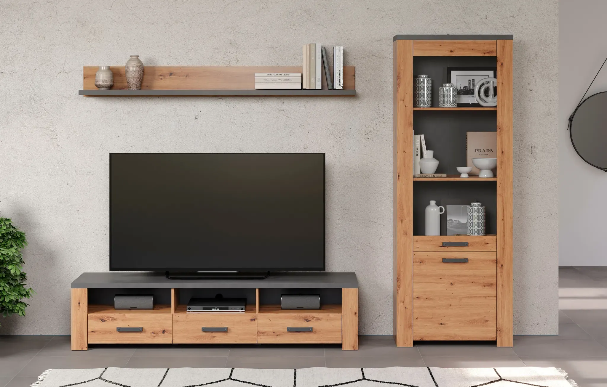 TV-Wand HOME AFFAIRE "Ambres", braun (artisan eiche melamin, matera melamin), B:268cm H:199cm T:50cm, Holzwerkstoff, Kastenmöbel-Sets, Kleines, modernes TV-SET, Echtholzoptik, Breite ca. 268 cm, matt