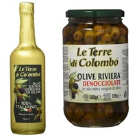 Le Terre di Colombo – 100 Prozent Italienisches Natives Olivenöl Extra - Goldumhüllte Flasche - 0,75 l + Entsteinte Riviera - Oliven im Nativen Olivenöl Extra (36 Prozent) - 500 g