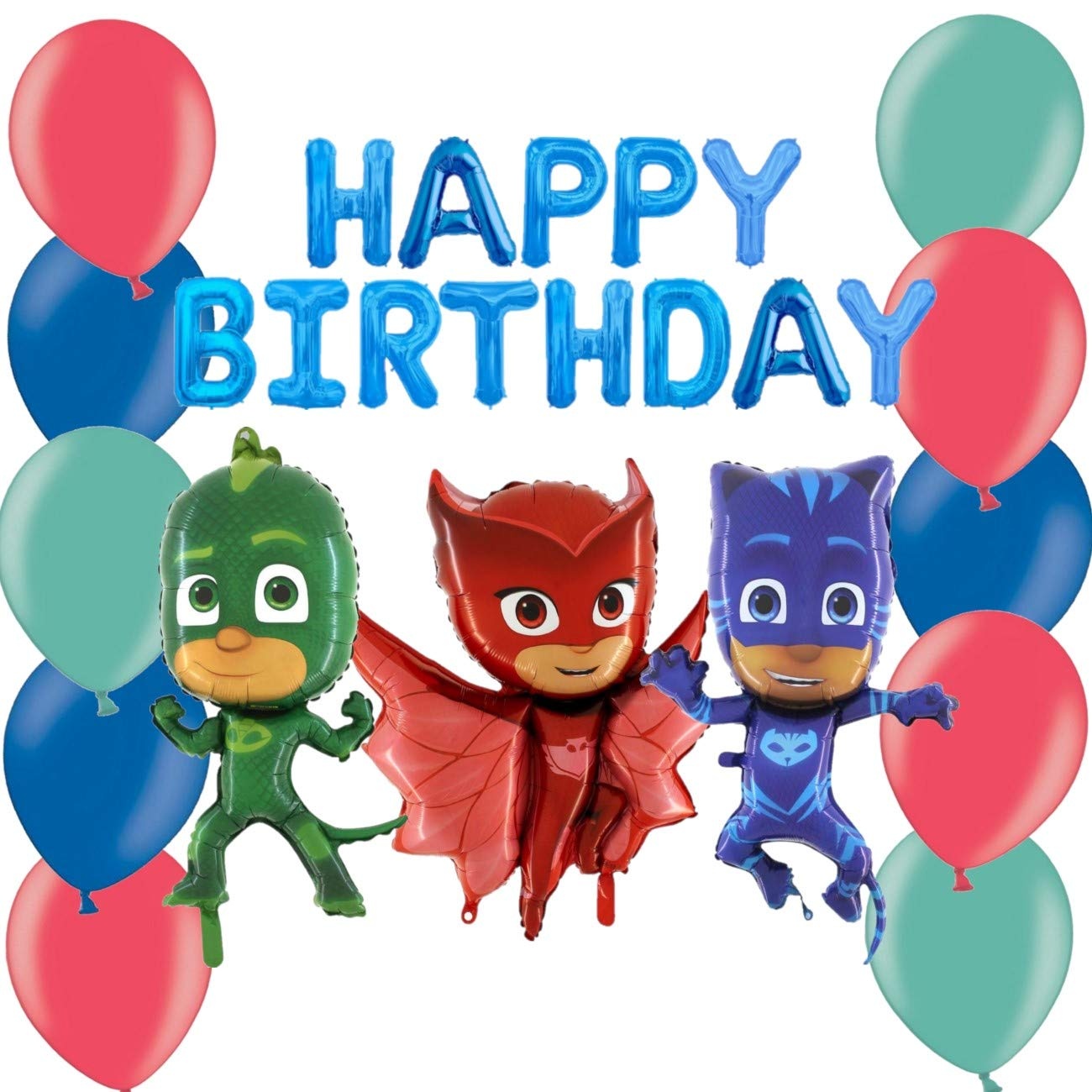 Toyland PJ Masks Balloon Pack - Enthält 16 "Blue Happy Birthday Ballon Banner, 36" Owlette Folienballon, 36 "Catboy Folienballon & 36" Gekko Folienballon & 30 12 "Latex in Rot, Blau & Grün