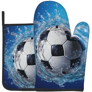 Ofenhandschuhe und Topflappen, Set mit 2 Stück, Fußball, lustig, Ofenhandschuh, Küchenhandschuhe, rutschfest, hitzebeständig, Topf-Pads zum Kochen, Backen, Grillen