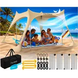 eloneo Strandzelt, Sonnensegel Strand 300x300x200 cm, LSF 50+, Sonnenschutz für Strand mit Sandschaufel, Heringen und 4 Stabilitätsstangen, 8 Personen, Creme