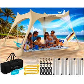 eloneo Strandzelt, Sonnensegel Strand 300x300x200 cm, LSF 50+, Sonnenschutz für Strand mit Sandschaufel, Heringen und 4 Stabilitätsstangen, 8 Personen, Creme