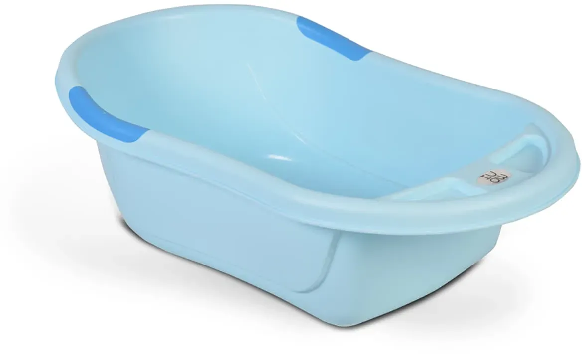 Babybadewanne Lilly platzsparend mit Wasserablauf, Ablagefächer für Zubehör blau