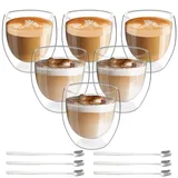 Latte Macchiato Gläser Doppelwandig Espressotassen Set: 6x80ml Doppelwandige Gläser mit 6 Löffeln, Cappuccino Tassen Kaffeetassen Kaffeegläser Eiskaffee Glas Kaffeebecher Thermogläser