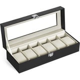 SONGMICS Uhrenbox mit 6 Fächern, Uhrenbox, Schatulle, Glasdeckel, abnehmbare Polster, Schloss aus Metall, schwarze Beschichtung und Futter in grünlichem Beige JWB06BE