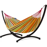 Potenza Outdoor Hängematte mit Gestell für 2 Personen I Baumwolle Doppelhängematte XXL 220x160, 200kg I Hängemattengestell 220kg, wetterfest (Orange, Gestell Braun)