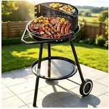 HOMELUX Holzkohlegrill Holzkohlegrillwagen BBQ Grill, Doppellagiger Grill, Set, inkl. Grillspieß, Rollen & Windschutz, Standgrill Grillwagen Rundgrill Kohlegrill schwarz