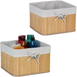 Relaxdays Aufbewahrungskorb 2er Set, Bambus, Stoffeinsatz, HBT: 20x31x31 cm, Körbchen Griffloch, Regalkorb, natur/weiß