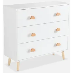 Kinderkommode, Holzdekor, weiß, 3 Schubladen, Beine und Griffe aus Kiefer - Nephos