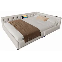 MODFU Schlafsofa 140x200 mit Lattenrost, USB-Anschluss, Ambientebeleuchtung, Leinenbezug, ideal für Wohnzimmer, Gästebett, beige