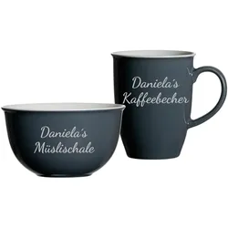 Luxentu – Gravur Doppio Müslischale & Kaffeebecher mit Namen in Silbergravur - Anthrazit