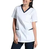 CLINIC DRESS Schlupfkasack Damen Kasack für die Pflege mit V-Ausschnitt und festem Material Länge ca. 74cm 95 Grad Wäsche weiß/Navy 50 - 50