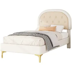 Merax Polsterbett Einzelbett 90x200cm mit Kopfteil, Beige